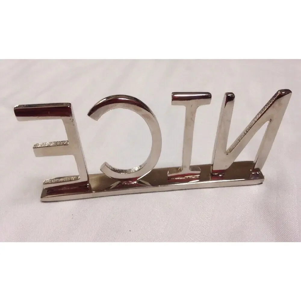New NIB West Elm NICE Brass Word Object Shiny Silver Chrome Sign Decor w Box